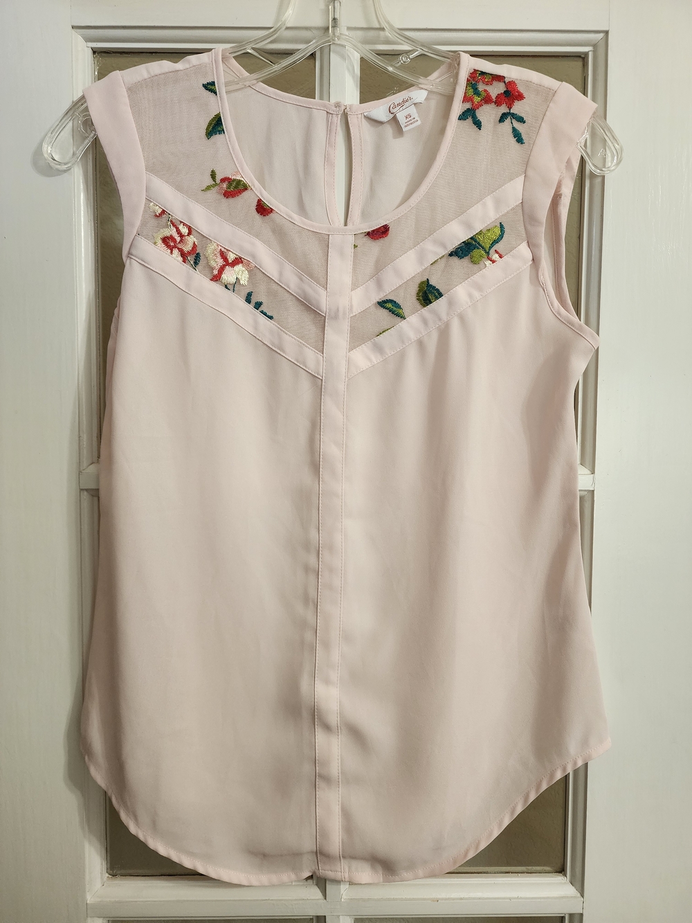 Candie's XS Blush Pink Floral Embroidered Mesh Sleeveless Blouse